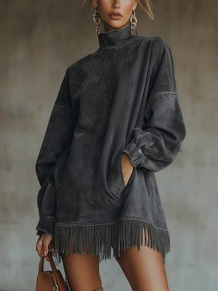 Darcie | Suede Fringe Turtleneck Dress